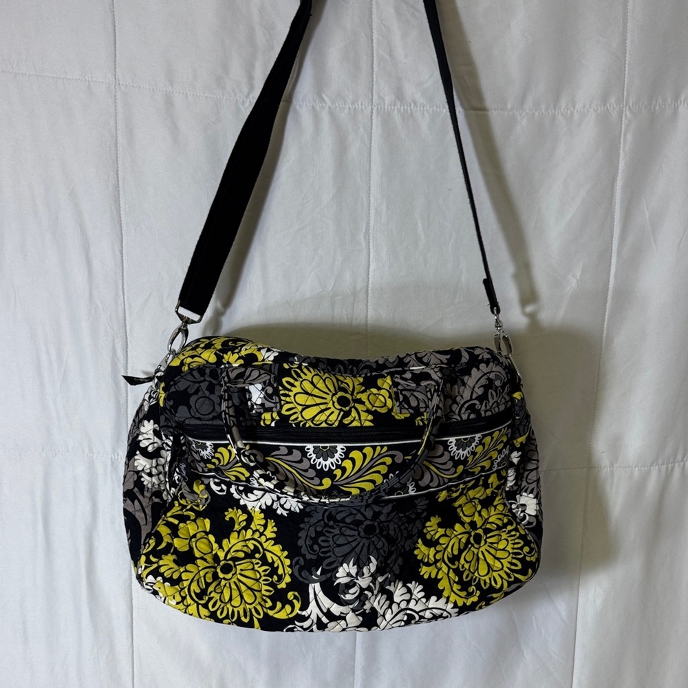 Vera Bradley Yellow Black Floral Quilted Shoulder Travel Bag